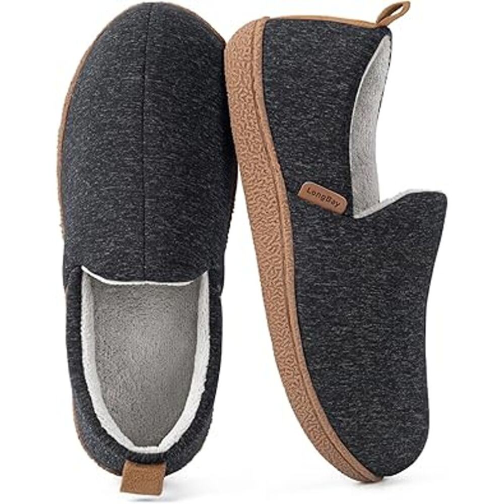LongBay Womens 11-12 Gray Solft Slide On Anti Skid Brushed Jersey Slippers Shoes
